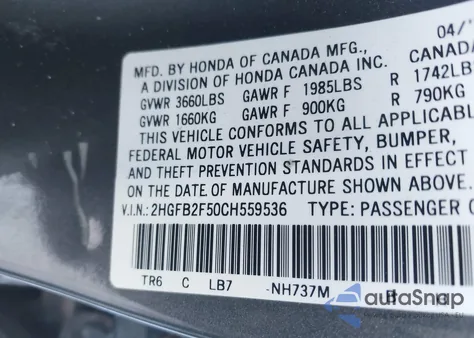 2012 Honda Civic Lx из США, поврежденный, VIN 2HGFB2F50CH559536